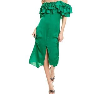 Maje Green long dress off shoulder and ruffles